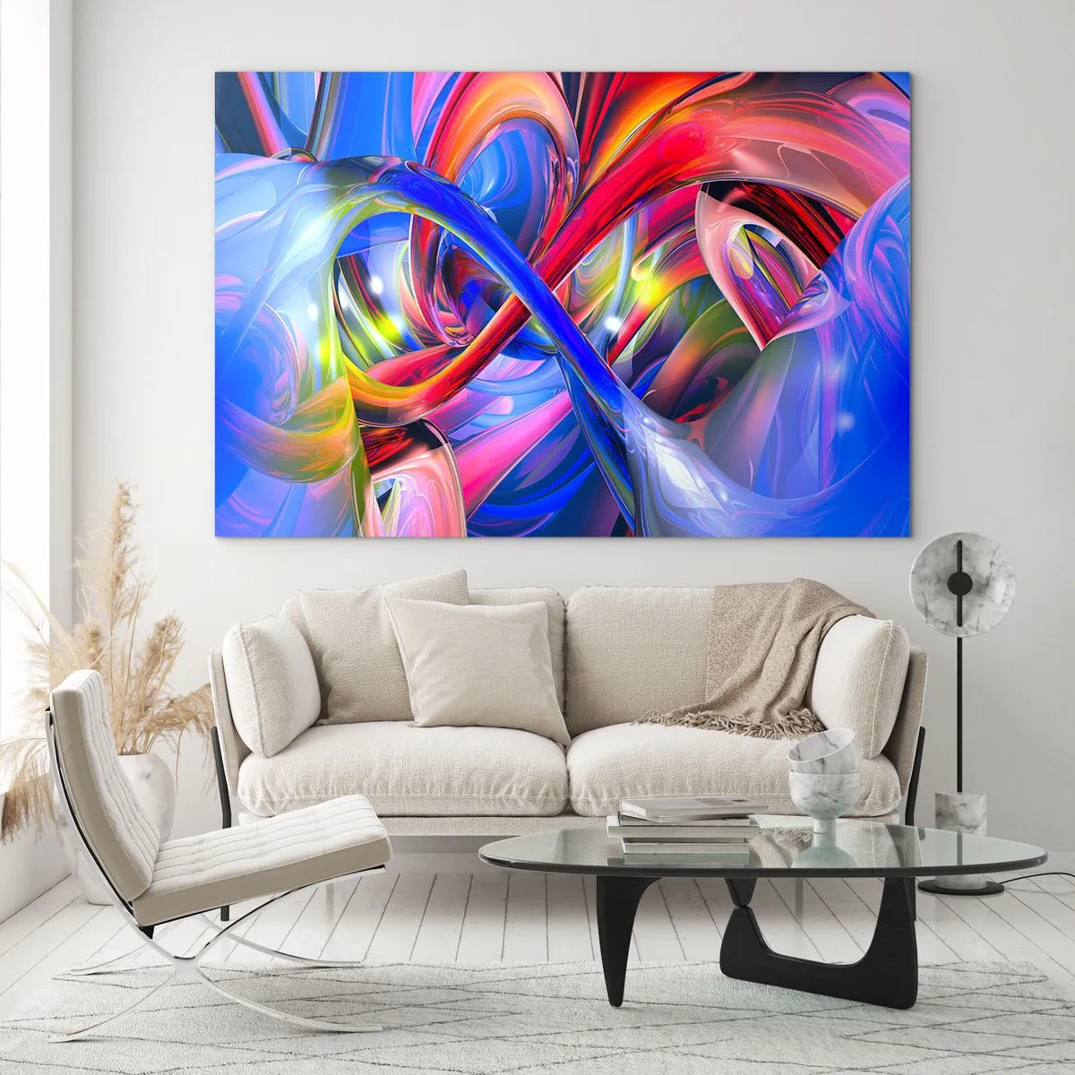 Obraz na szkle - Abstrakcyjne, kolorowe linie i energetyczna dynamika - 100x70cm - Taniec barw - Nowoczesna dekoracja ścienna do salonu, kuchni i sypialni ARTTOR