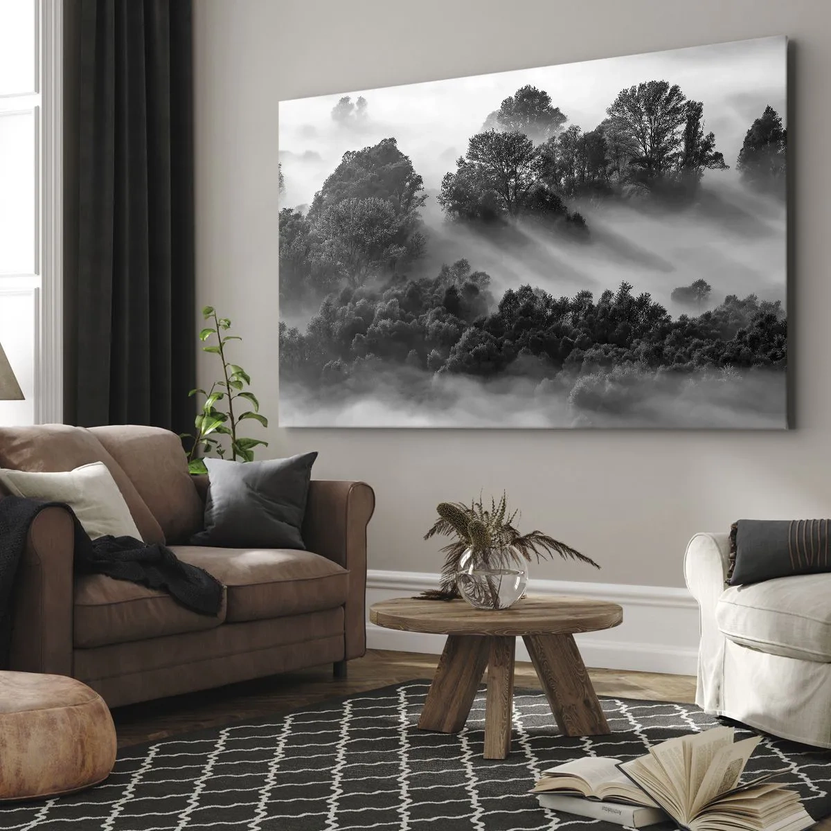 Obraz na płótnie - Czarno-biały pejzaż lasu w porannej mgle - 100x70cm - Wstający ze snu - Nowoczesna dekoracja ścienna do salonu, kuchni i sypialni ARTTOR