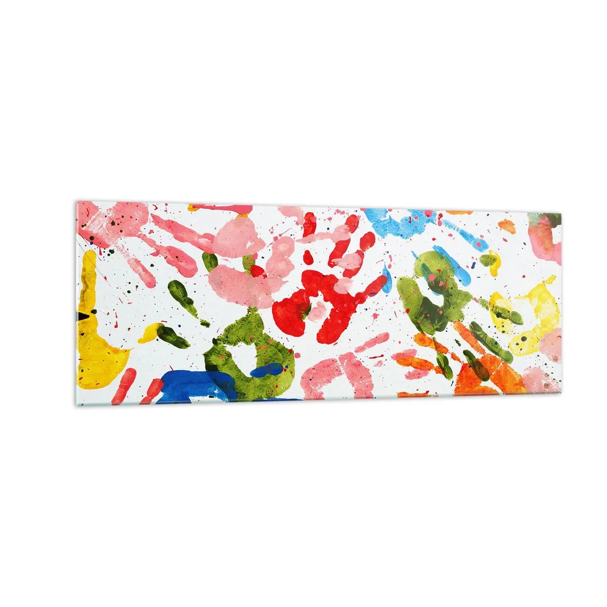 Obraz na szkle - Kolorowe odciski dłoni na białym tle - 140x50cm - Idź po śladach - Nowoczesna dekoracja ścienna do salonu i sypialni ARTTOR