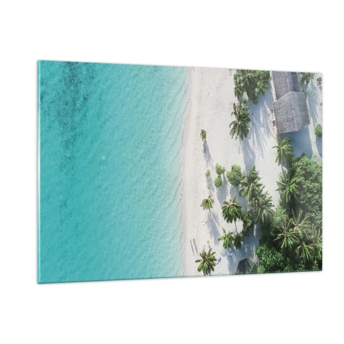 Obraz na szkle - Tropikalna plaża z palmami i turkusowym morzem z lotu ptaka - 120x80cm - Wakacje w raju - Nowoczesna dekoracja ścienna do salonu, kuchni i sypialni ARTTOR
