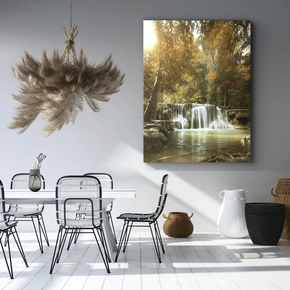 Obraz na płótnie - Jesienny wodospad otoczony złotymi liśćmi w leśnym krajobrazie - 50x70cm - Parkowa kaskada - Nowoczesna dekoracja ścienna do salonu, kuchni i sypialni ARTTOR
