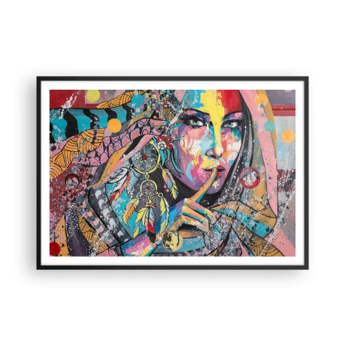 Plakat w czarnej ramie - Kolorowa kobieca twarz w artystycznym stylu - 100x70cm - Milcz, aż zrozumiesz - Nowoczesna dekoracja ścienna do salonu i sypialni ARTTOR