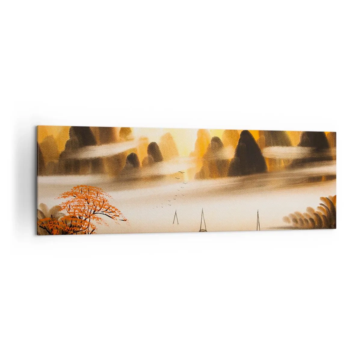 Obraz na płótnie - Orientalny krajobraz z rzeką, górami i delikatną mgłą - 160x50cm - Dalej niż na Dalekim Wschodzie - Nowoczesna dekoracja ścienna do salonu i sypialni ARTTOR