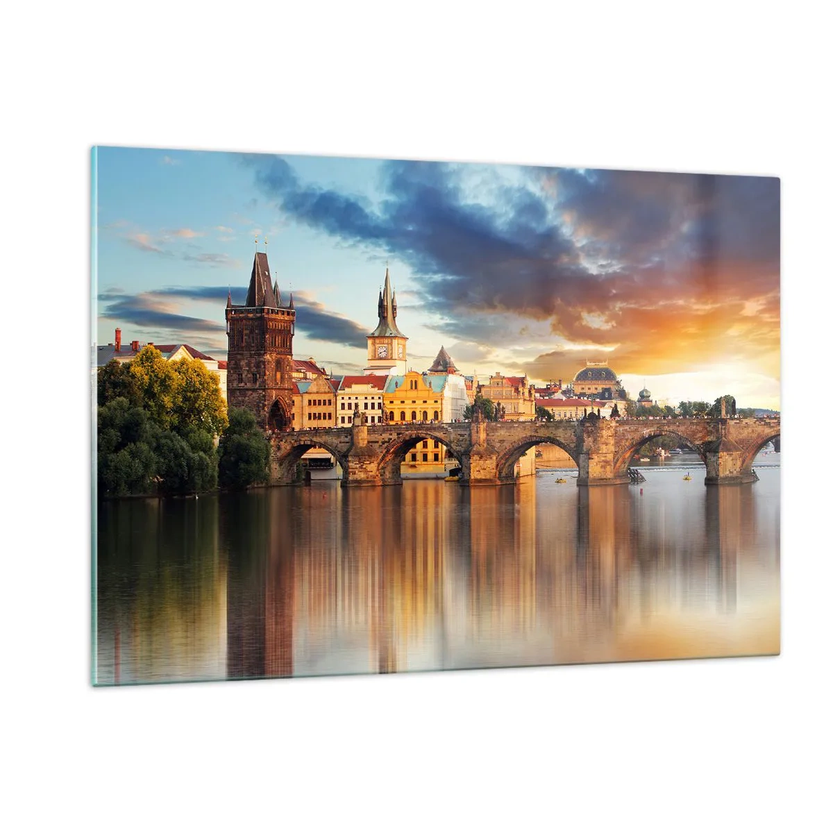 Obraz na szkle - Most Karola o zachodzie słońca z malowniczymi budowlami w tle - 120x80cm - Piękna od wieków - Nowoczesna dekoracja ścienna do salonu, kuchni i sypialni ARTTOR