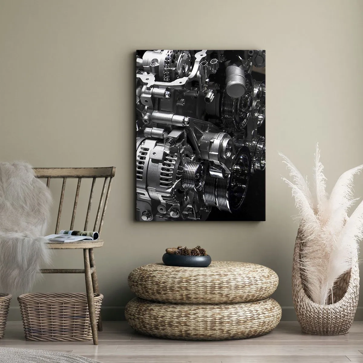 Obraz na płótnie - Skomplikowany mechanizm silnika w odcieniach srebra - 50x70cm - Stalowy, piękny, silny - Nowoczesna dekoracja ścienna do salonu, kuchni i sypialni ARTTOR