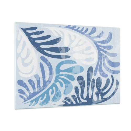 Obraz na szkle - Dekoracyjne liście paproci w odcieniach błękitu na jasnym tle - 100x70cm - Błękitne paprocie - Nowoczesna dekoracja ścienna do salonu, kuchni i sypialni ARTTOR