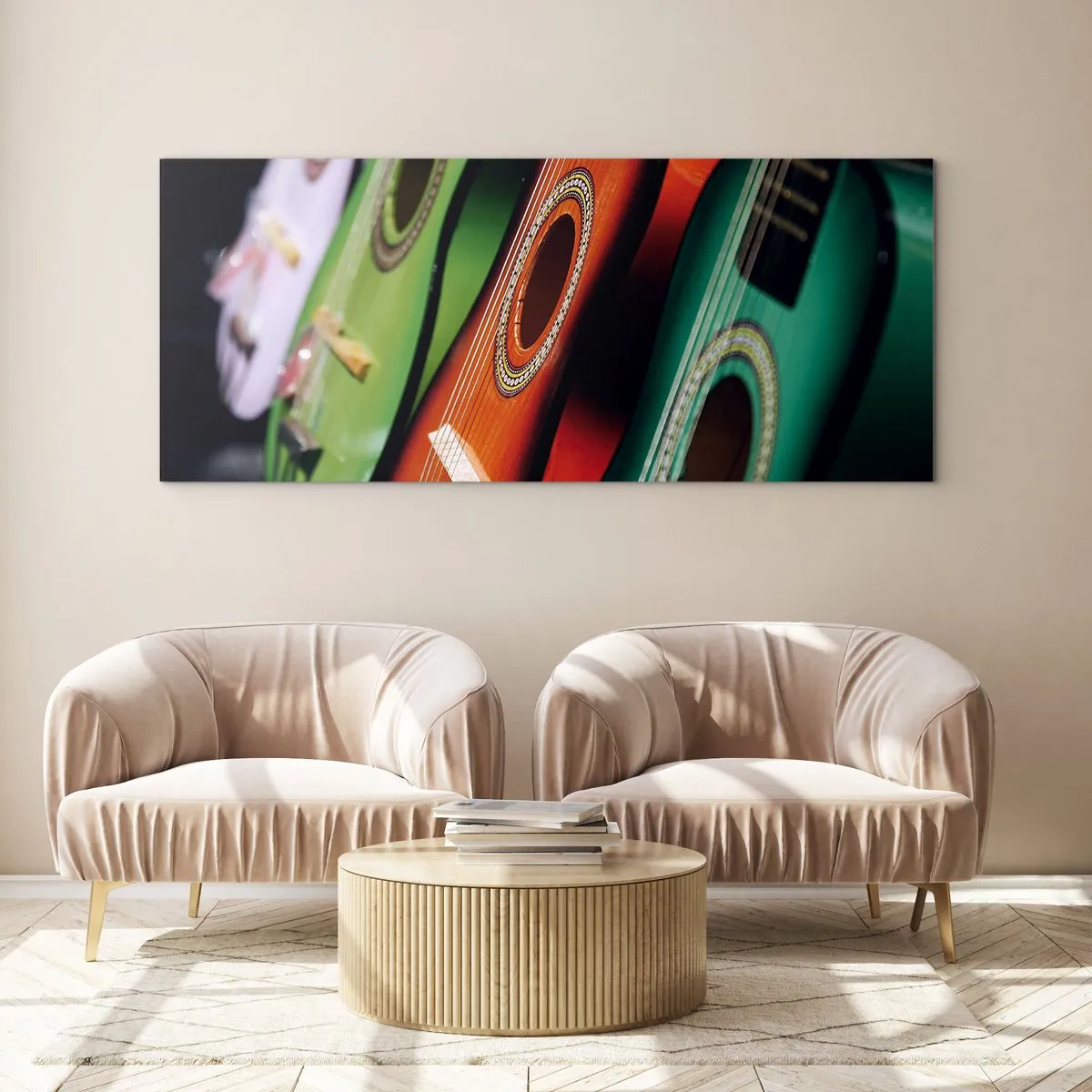 Obraz na szkle - Kolorowe gitary w różnych odcieniach ułożone w szeregu - 120x50cm - Gitara ma wiele barw - Nowoczesna dekoracja ścienna do salonu i sypialni ARTTOR