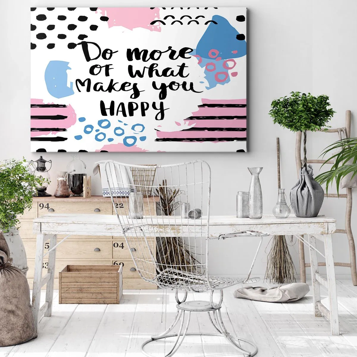 Obraz na płótnie - Plakat z napisem 'Do more of what makes you happy' - 120x80cm - Jak być szczęśliwym - Nowoczesna dekoracja ścienna do salonu, kuchni i sypialni ARTTOR