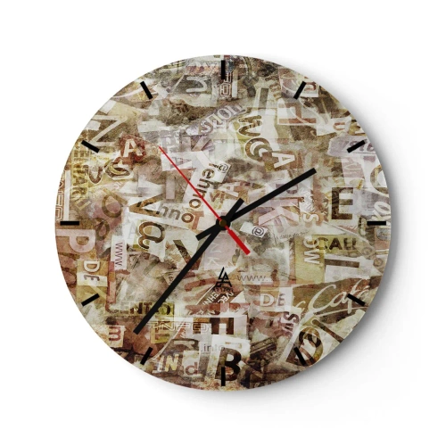Zegar ścienny - Abstrakcyjna kompozycja z literami w odcieniach beżu i brązu - 30x30cm - Zjednoliterzam paplomanię - Nowoczesna dekoracja ścienna do salonu, kuchni i sypialni ARTTOR