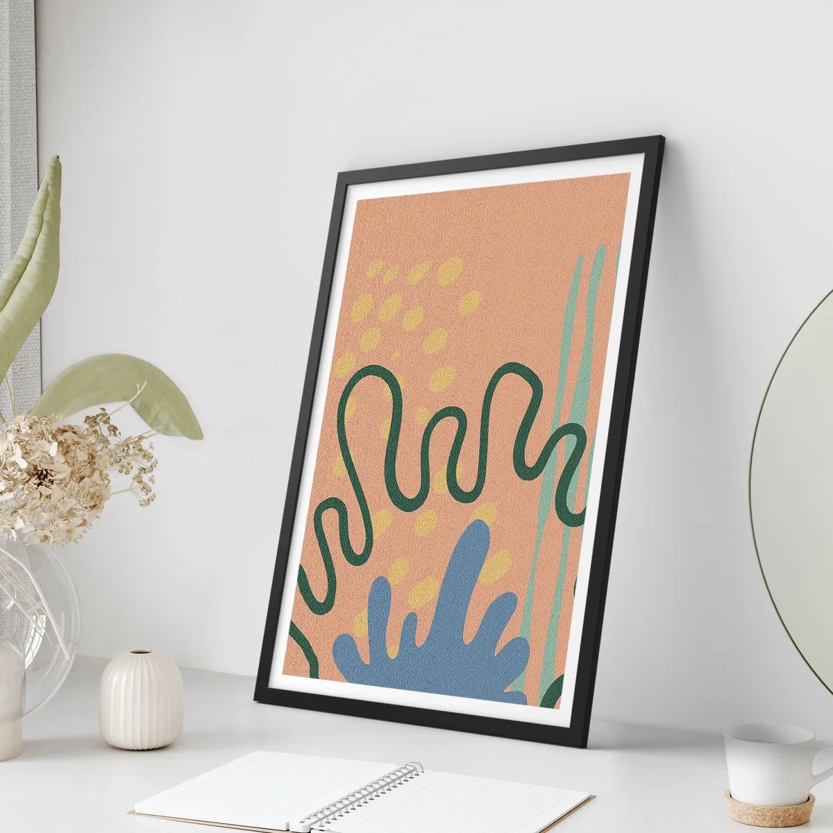 Plakat w czarnej ramie - Abstrakcyjna kompozycja w ciepłych barwach - 50x70cm - Abstrakcja: różnorodność natury - Nowoczesna dekoracja ścienna do salonu i sypialni ARTTOR