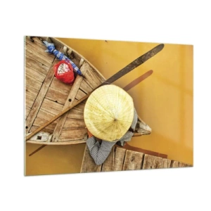 Obraz na szkle - Widok z góry na łódź i osobę w stożkowym kapeluszu - 100x70cm - Życie na żółtej rzece - Nowoczesna dekoracja ścienna do salonu, kuchni i sypialni ARTTOR