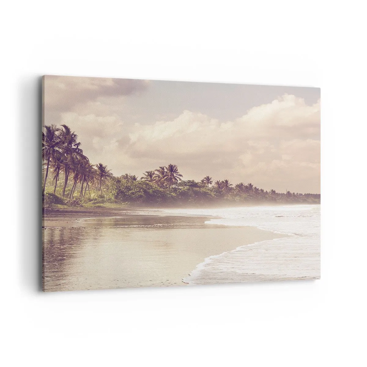 Obraz na płótnie - Plaża z palmami i delikatnymi falami o poranku - 100x70cm - Pieszczota fal - Nowoczesna dekoracja ścienna do salonu, kuchni i sypialni ARTTOR