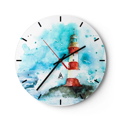 Zegar ścienny - Latarnia morska na tle akwarelowego nieba - 30x30cm - Jedność żywiołów - Nowoczesna dekoracja ścienna do salonu, kuchni i sypialni ARTTOR