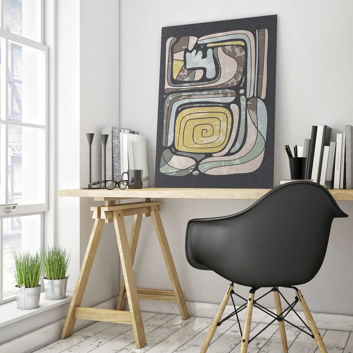 Obraz na szkle - Prekolumbijskie wzory w pastelowych kolorach na ciemnym tle - 80x120cm - Abstrakcja w duchu prekolumbijskim - Nowoczesna dekoracja ścienna do salonu i sypialni ARTTOR