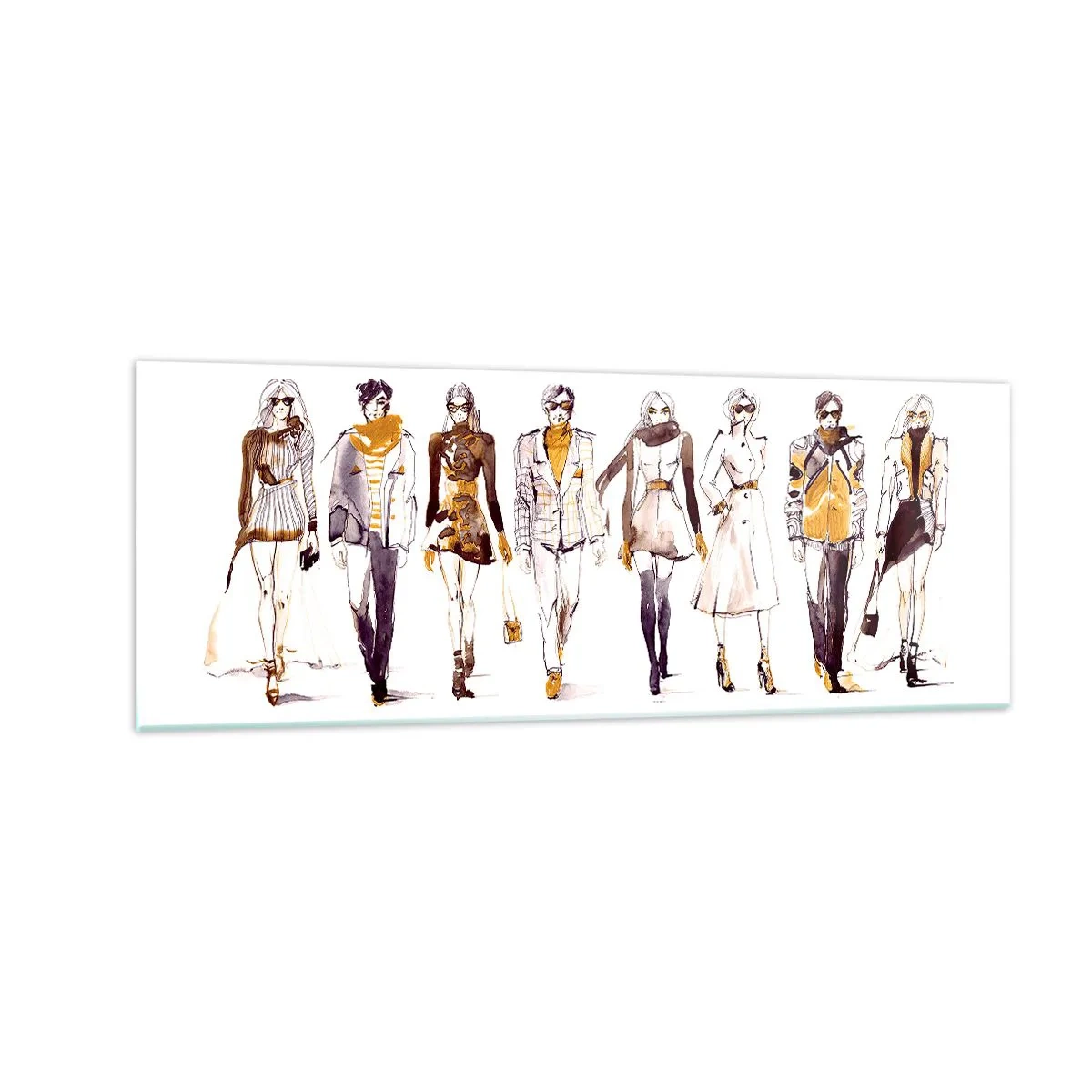 Obraz na szkle - Szkic grupy osób w stylizacjach modowych - 140x50cm - Niewymuszony szyk, swobodna elegancja - Nowoczesna dekoracja ścienna do salonu i sypialni ARTTOR