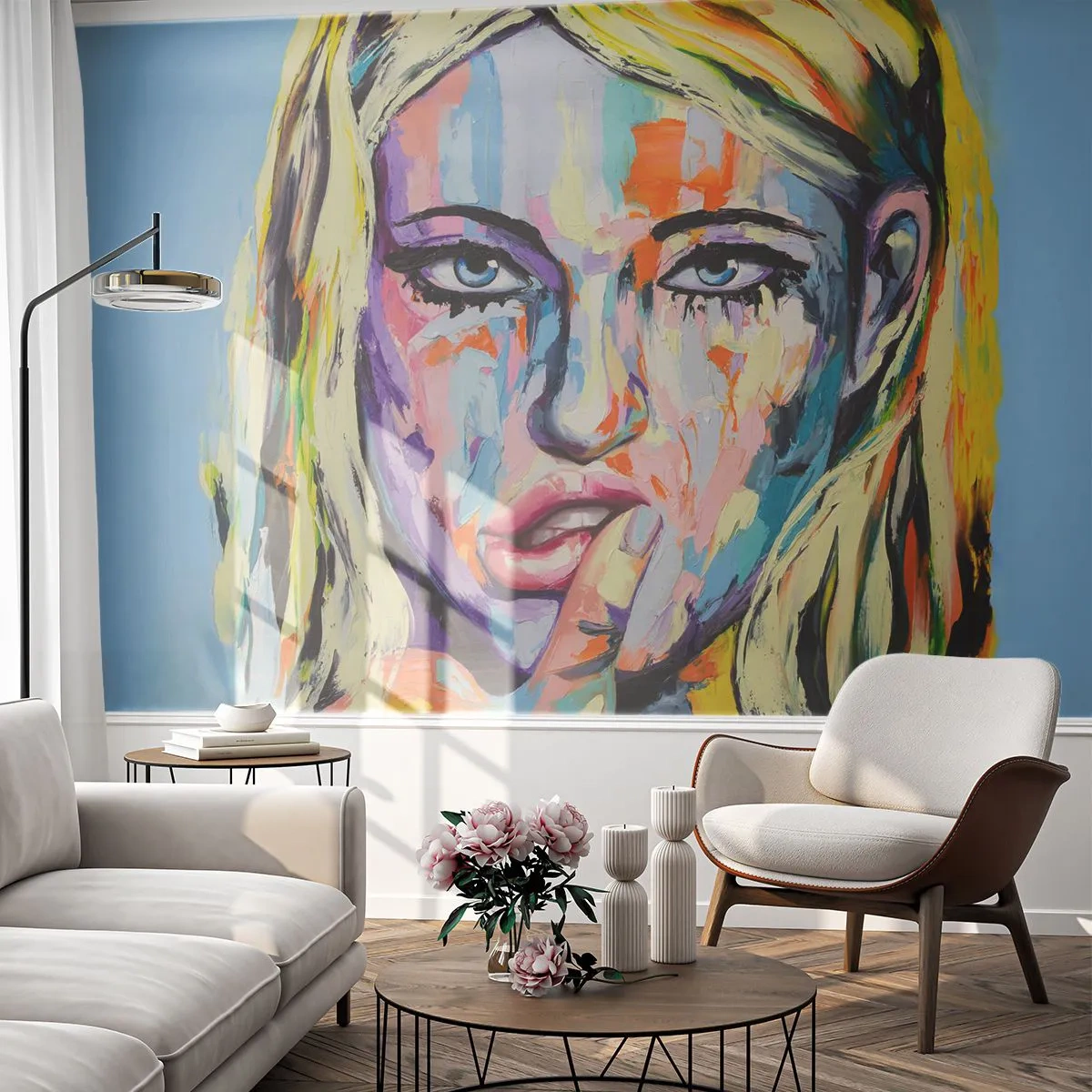 Fototapeta Premium Canvas - Kolorowy portret kobiety w stylu abstrakcyjnym - 100x70cm - Spójrz jej prosto w oczy - Nowoczesna dekoracja ścienna do salonu i sypialni ARTTOR