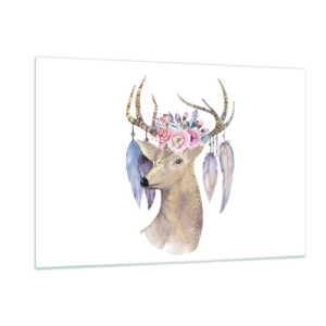 Obraz na szkle - Jeleń z kwiatowym wiankiem i piórami - 120x80cm - Przewodnik duszy - delikatny, niewinny - Nowoczesna dekoracja ścienna do salonu, kuchni i sypialni ARTTOR
