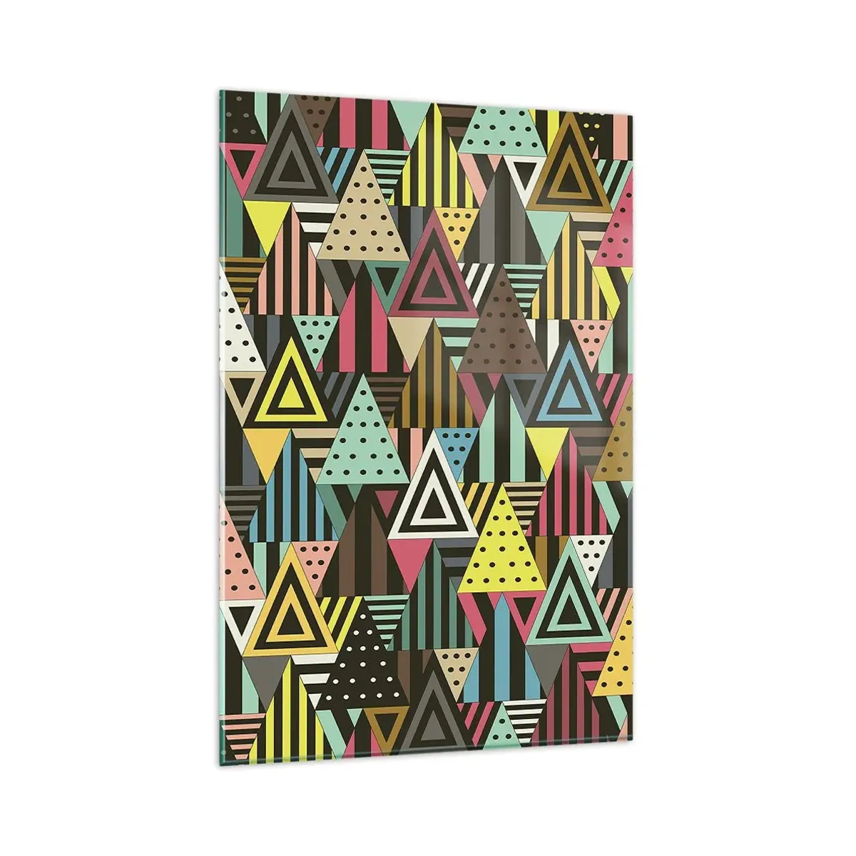 Obraz na szkle - Kolorowy wzór geometryczny z trójkątami i liniami - 80x120cm - W rytmie na trzy - Nowoczesna dekoracja ścienna do salonu i sypialni ARTTOR