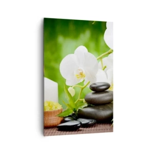 Obraz na płótnie - Orchidee, świece i kamienie w otoczeniu natury - 80x120cm - Wonny, kwiatowy, delikatny dotyk - Nowoczesna dekoracja ścienna do salonu i sypialni ARTTOR
