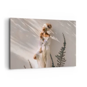 Obraz na płótnie - Kobieta w stylizacji boho oświetlona promieniami słońca - 120x80cm - Słońce i dziewczyna - Nowoczesna dekoracja ścienna do salonu, kuchni i sypialni ARTTOR