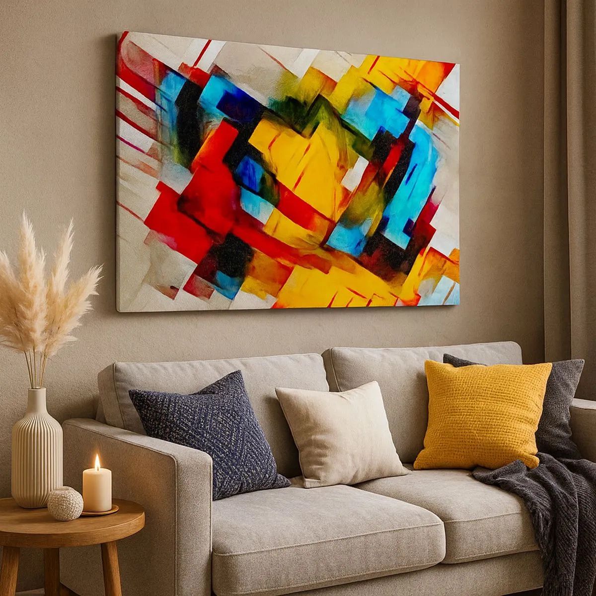 Obraz na płótnie - Abstrakcyjna kompozycja geometryczna w żywych kolorach - 70x50cm - Różnobarwny przekładaniec - Nowoczesna dekoracja ścienna do salonu i sypialni ARTTOR