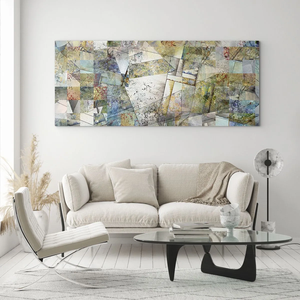 Obraz na szkle - Kolorowa abstrakcja z geometrycznymi kształtami i liniami - 160x50cm - Geometryczne przetasowanie - Nowoczesna dekoracja ścienna do salonu i sypialni ARTTOR