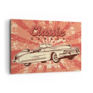Obraz na płótnie - Retro plakat z klasycznym samochodem i napisem Classic Garage - 100x70cm - A w radiu Elvis - Nowoczesna dekoracja ścienna do salonu, kuchni i sypialni ARTTOR