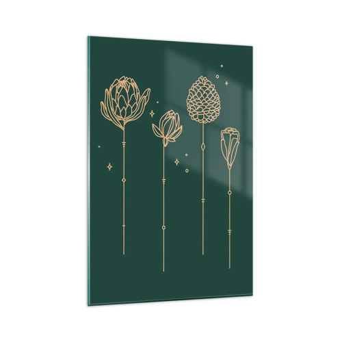 Obraz na szkle - Złote rysunki ziół na tle ciemnozielonym - 80x120cm - Rodzina ZIÓŁkowskich - Nowoczesna dekoracja ścienna do salonu i sypialni ARTTOR