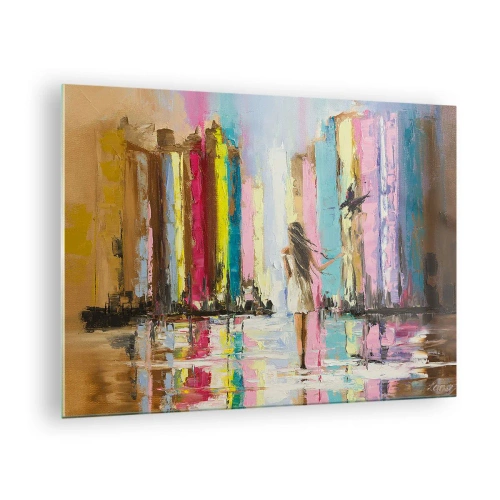 Obraz na szkle - Kobieta na tle kolorowych budynków z ptakiem - 70x50cm - Idż za mną - Nowoczesna dekoracja ścienna do salonu i sypialni ARTTOR