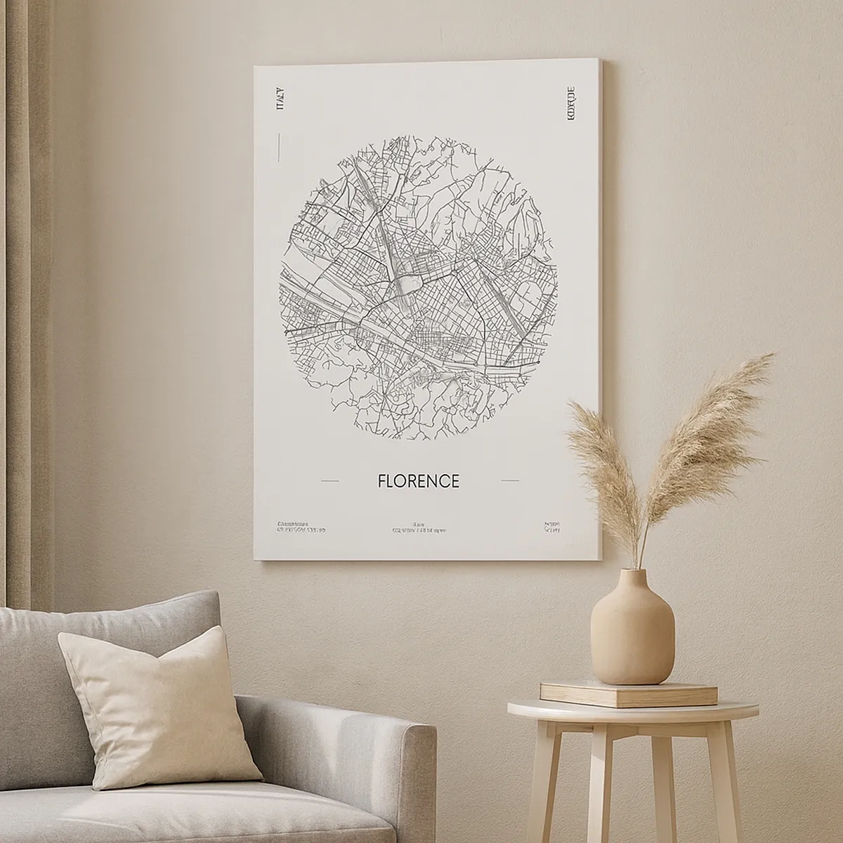 Obraz na płótnie - Minimalistyczna mapa Florencji w czarnych liniach na białym tle - 50x70cm - Anatomia Florencji - Nowoczesna dekoracja ścienna do salonu, kuchni i sypialni ARTTOR