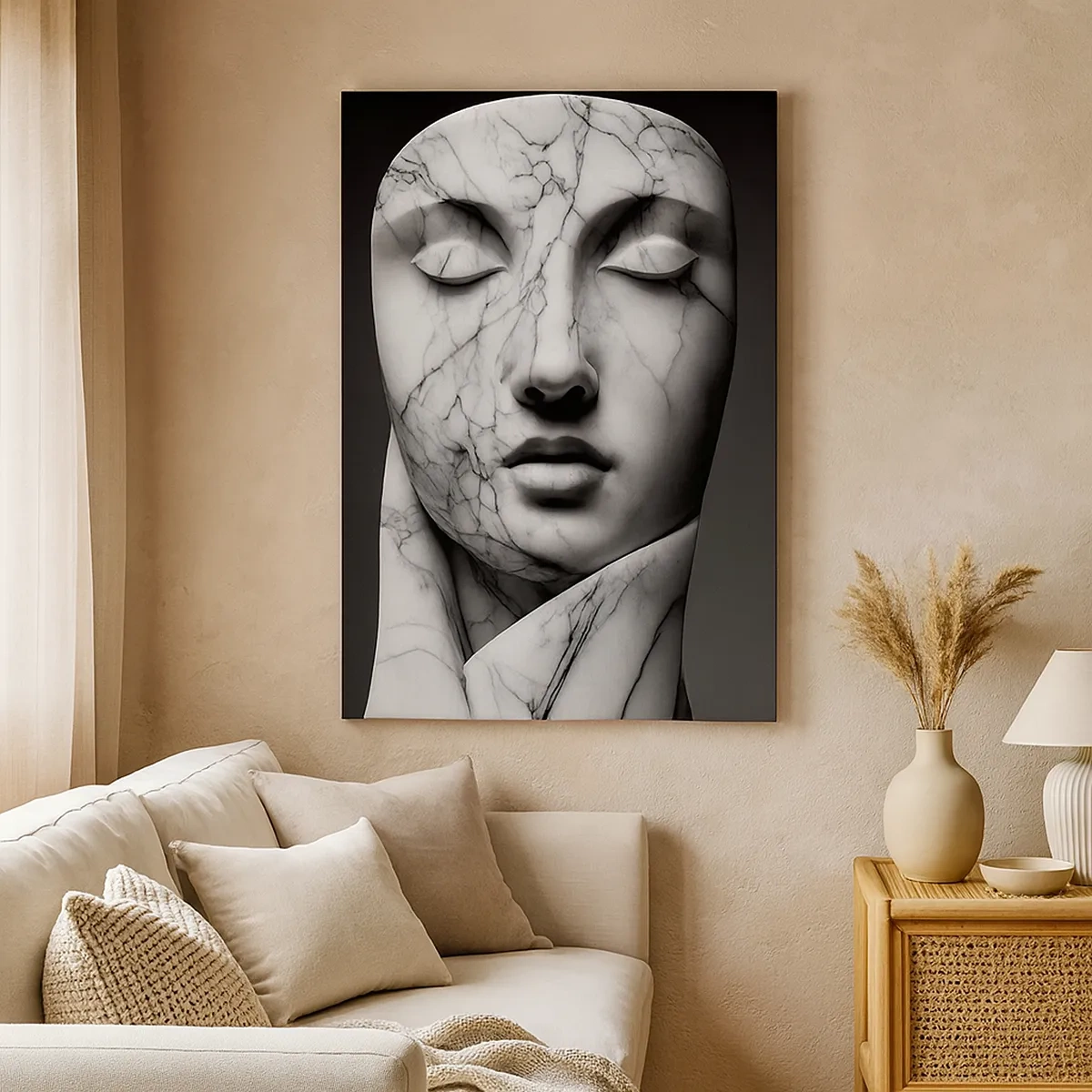 Obraz na płótnie - Minimalistyczny portret kobiecej twarzy z efektem marmuru w czerni i bieli - 50x70cm - Marmurowe kształty - Nowoczesna dekoracja ścienna do salonu, kuchni i sypialni ARTTOR