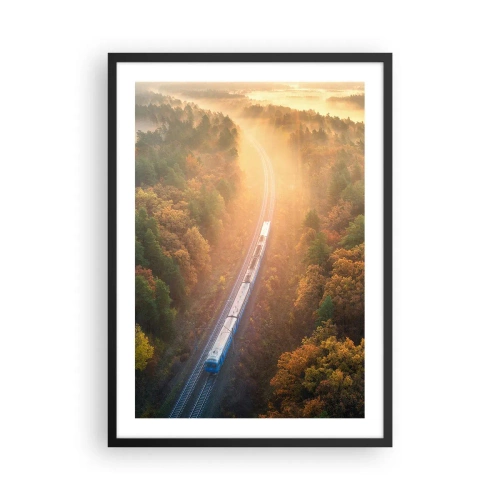 Plakat w czarnej ramie - Pociąg przemierzający jesienny las w promieniach wschodzącego słońca - 50x70cm - Jesienna podróż - Nowoczesna dekoracja ścienna do salonu i sypialni ARTTOR