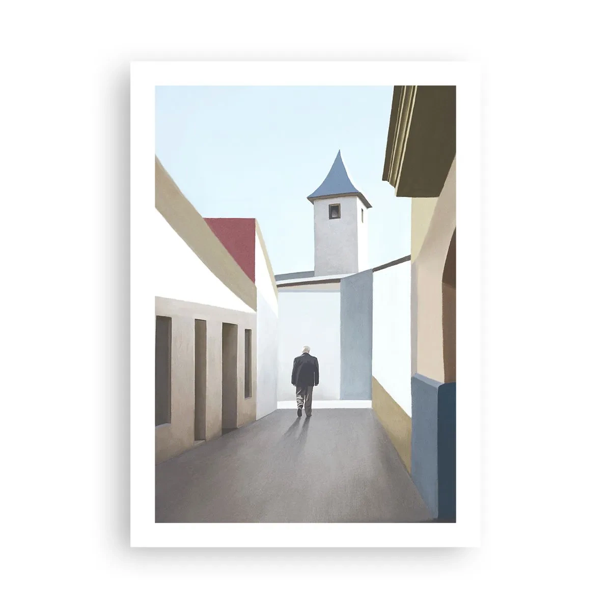 Plakat - Minimalistyczna uliczka z samotnym przechodniem - 50x70cm - Słoneczny spacer - Nowoczesna dekoracja ścienna do salonu, kuchni i sypialni ARTTOR