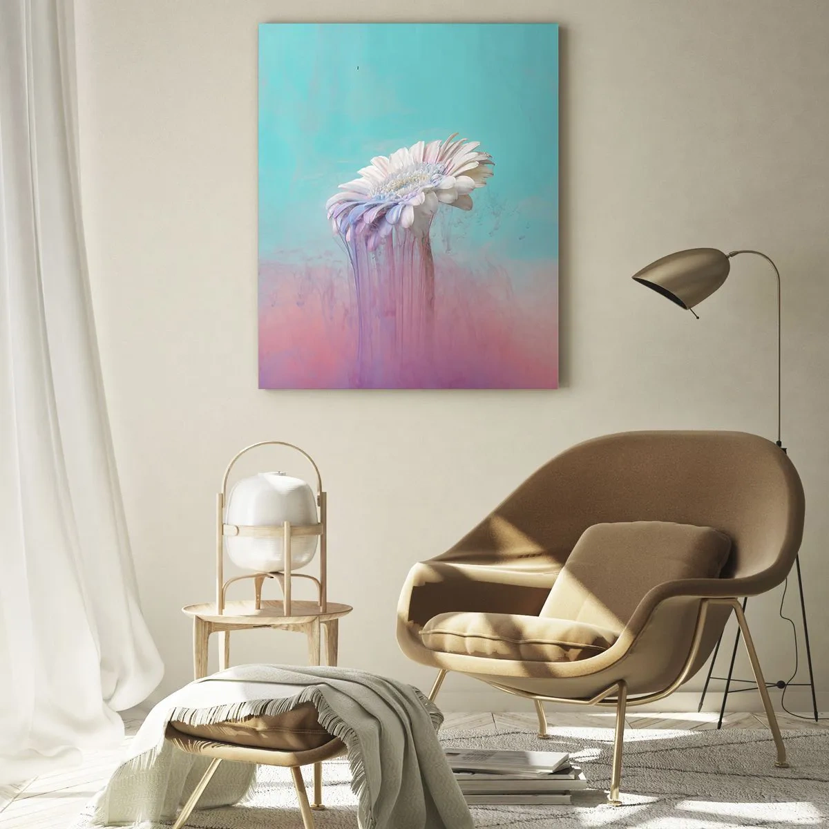 Obraz na szkle - Delikatny kwiat zanurzony w pastelowych odcieniach błękitu i różu - 50x70cm - Zaświaty kwiatów - Nowoczesna dekoracja ścienna do salonu, kuchni i sypialni ARTTOR