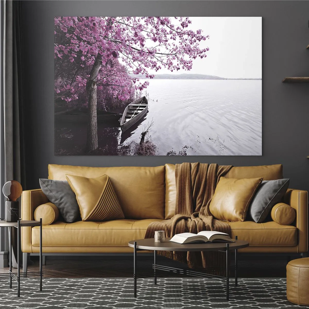 Obraz na szkle - Łódka przy brzegu z różowym drzewem nad wodą - 70x50cm - W różowej ciszy - Nowoczesna dekoracja ścienna do salonu i sypialni ARTTOR