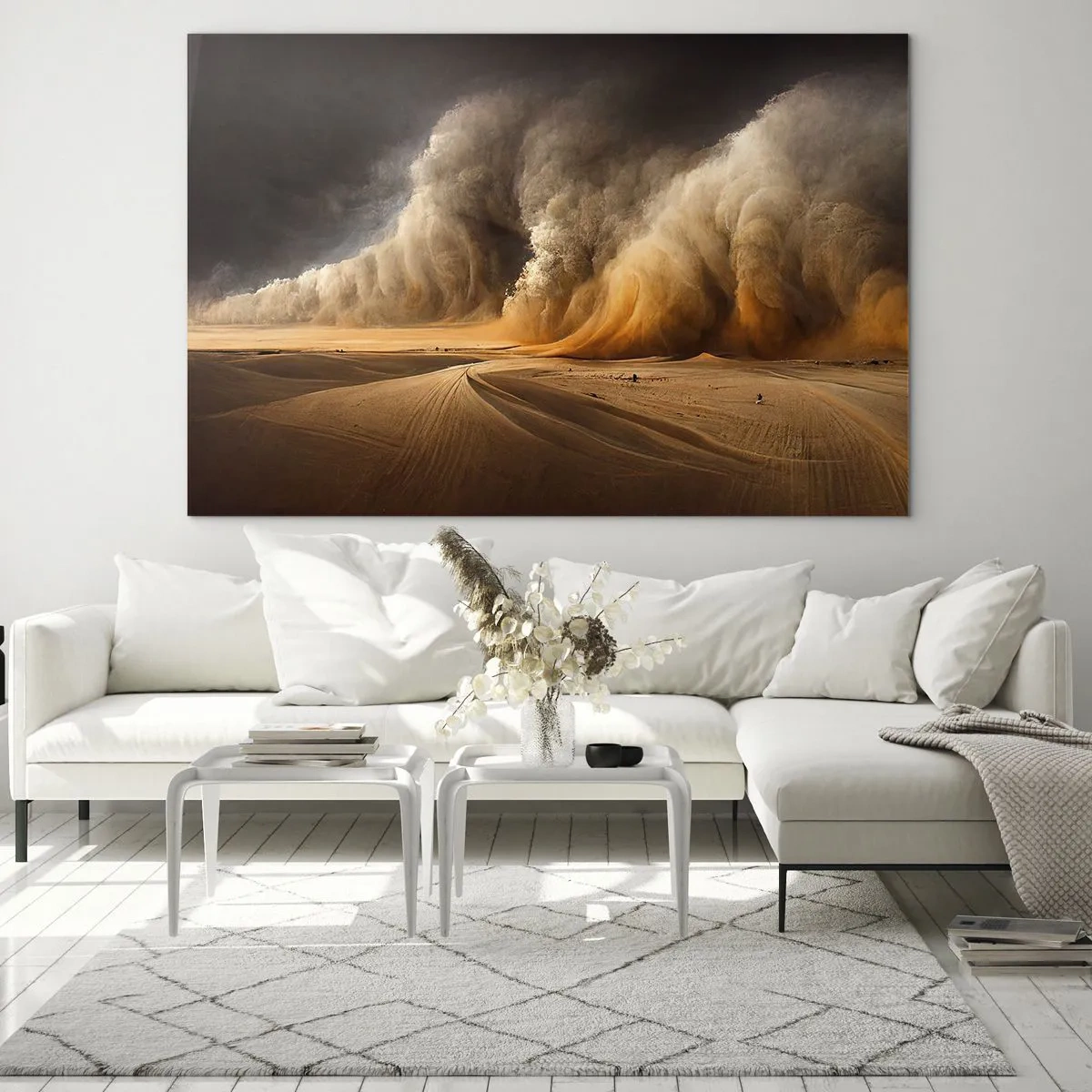 Obraz na szkle - Burza piaskowa nad pustynią w dramatycznym świetle - 70x50cm - Gniew pustyni - Nowoczesna dekoracja ścienna do salonu i sypialni ARTTOR