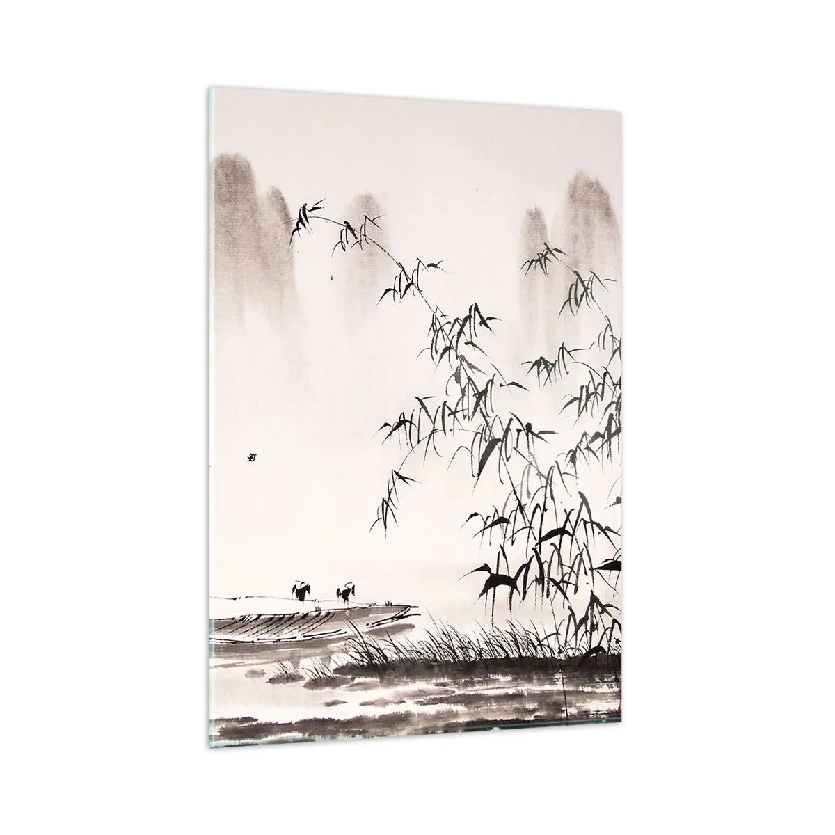 Obraz na szkle - Minimalistyczna scena z bambusem i łodzią na jeziorze - 50x70cm - Cisza ryżowych pól - Nowoczesna dekoracja ścienna do salonu, kuchni i sypialni ARTTOR