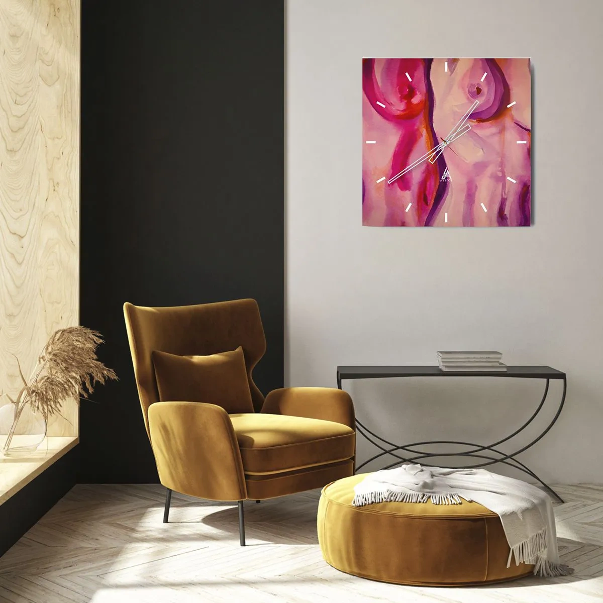 Zegar ścienny - Abstrakcyjna interpretacja kobiecej sylwetki w różach i fioletach - 30x30cm - Oda do kobiecości - Nowoczesna dekoracja ścienna do salonu i sypialni ARTTOR