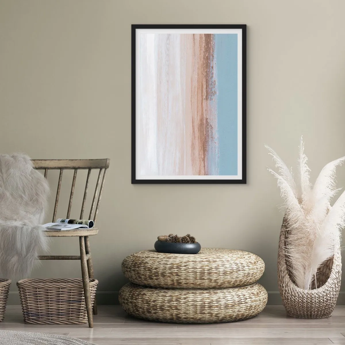 Plakat w czarnej ramie - Minimalistyczna abstrakcja w kolorach plaży i morza - 50x70cm - Niejednoznaczny pejzaż - Nowoczesna dekoracja ścienna do salonu i sypialni ARTTOR