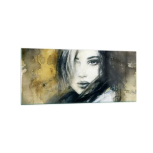 Obraz na szkle - Portret kobiety na tle abstrakcyjnych plam w odcieniach beżu - 120x50cm - bardziej niewinna czy zmysłowa? - Nowoczesna dekoracja ścienna do salonu i sypialni ARTTOR