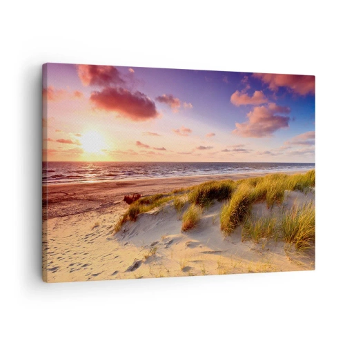Obraz na płótnie - Plaża z trawami i zachód słońca nad spokojnym morzem - 70x50cm - Już latem pachnie powietrze - Nowoczesna dekoracja ścienna do salonu i sypialni ARTTOR