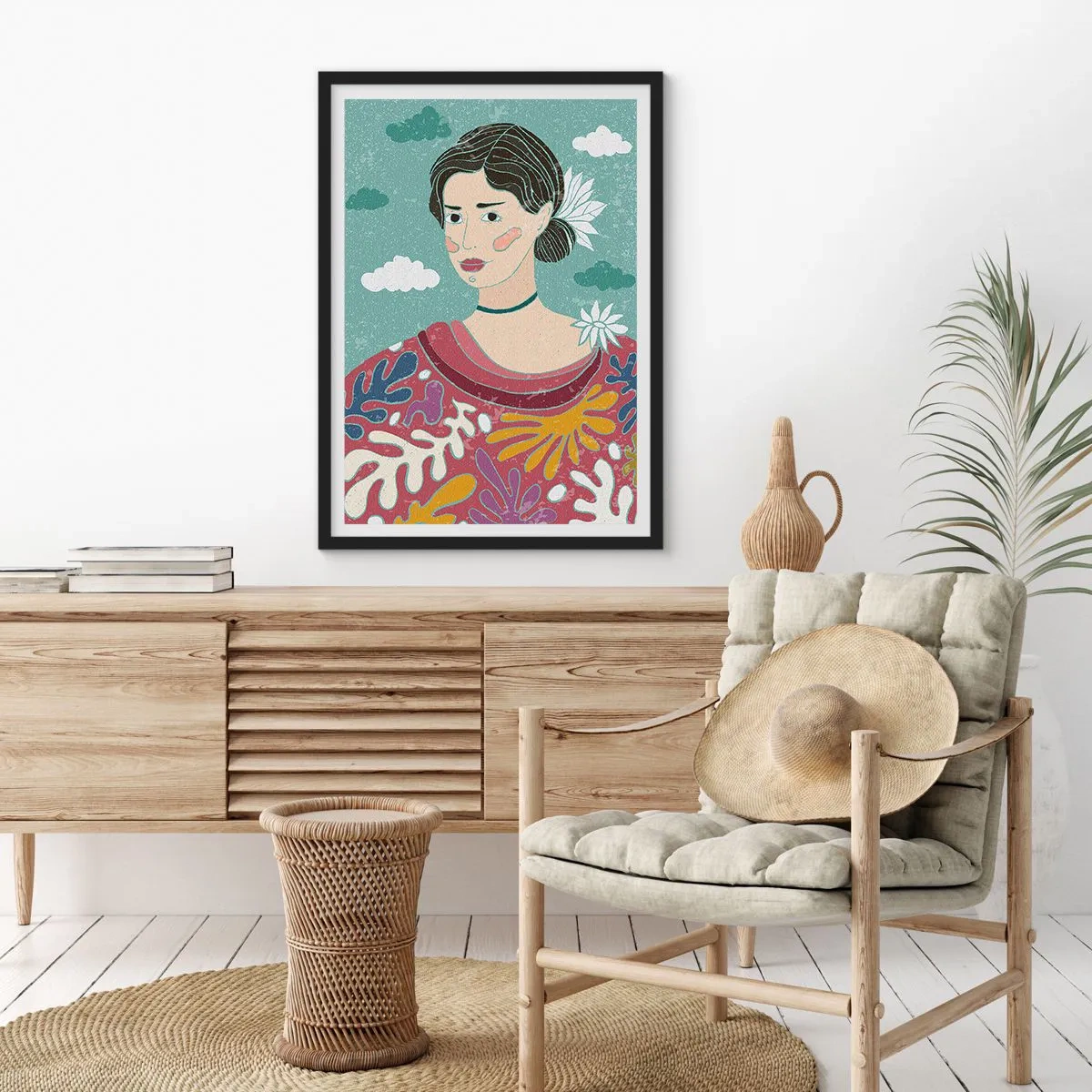 Plakat w czarnej ramie - Portret kobiety w kolorowej stylizowanej sukni na tle chmur - 50x70cm - Z melancholią w spojrzeniu - Nowoczesna dekoracja ścienna do salonu i sypialni ARTTOR