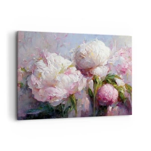 Obraz na płótnie - Romantyczne kwiaty piwonii w pastelowych barwach - 120x80cm - Kipiący życiem bukiet - Nowoczesna dekoracja ścienna do salonu, kuchni i sypialni ARTTOR
