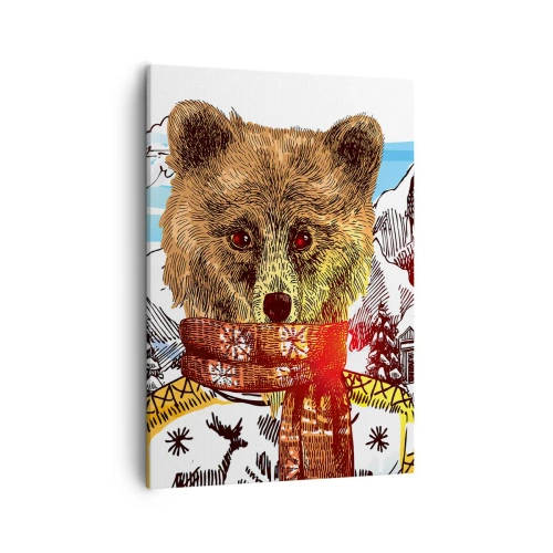 Obraz na płótnie - Ilustracja niedźwiedzia w szaliku na tle gór - 50x70cm - Chatka niedźwiadka - Nowoczesna dekoracja ścienna do salonu, kuchni i sypialni ARTTOR