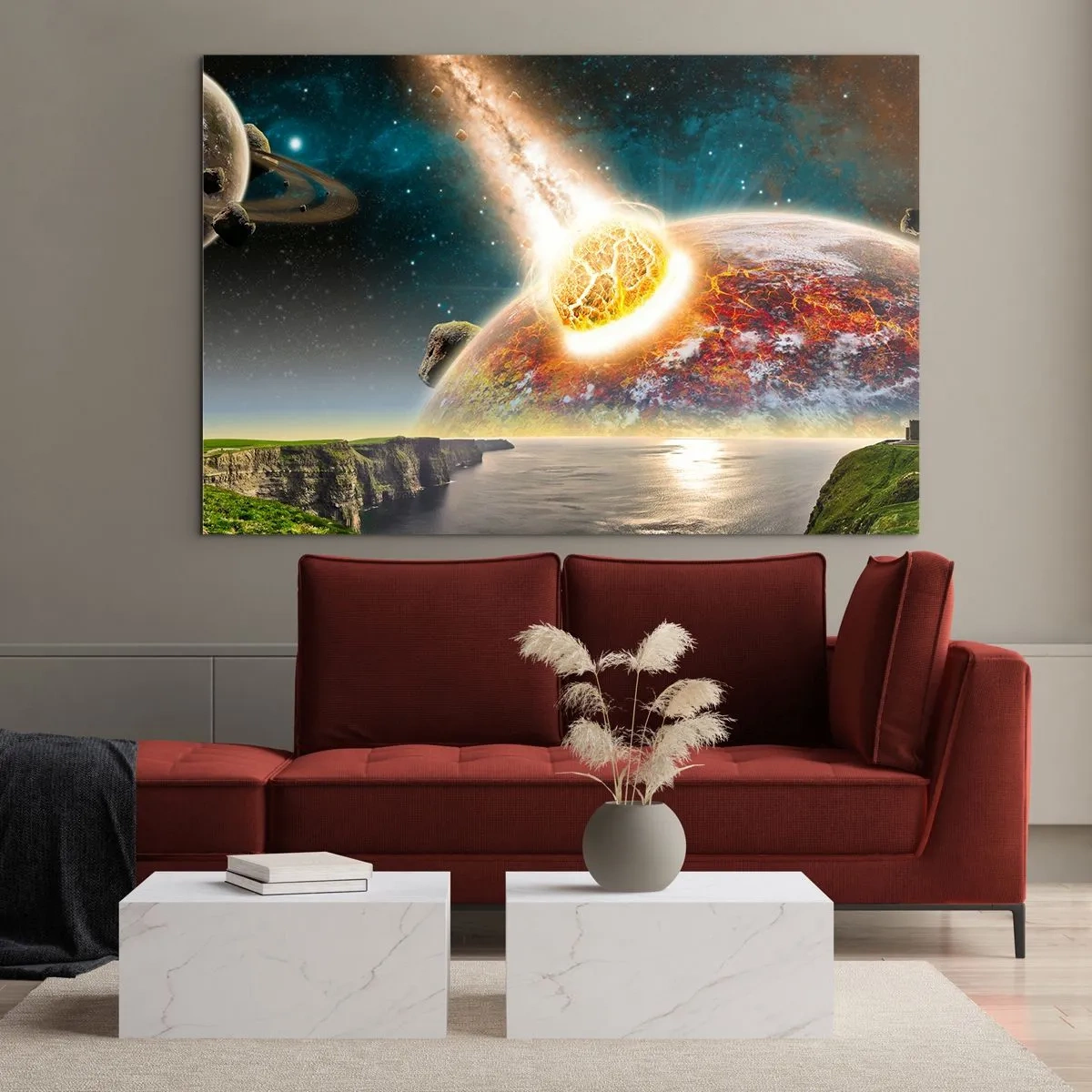 Obraz na szkle - Zderzenie meteorytu z planetą w kosmosie - 120x80cm - Kosmiczny dramat - Nowoczesna dekoracja ścienna do salonu, kuchni i sypialni ARTTOR