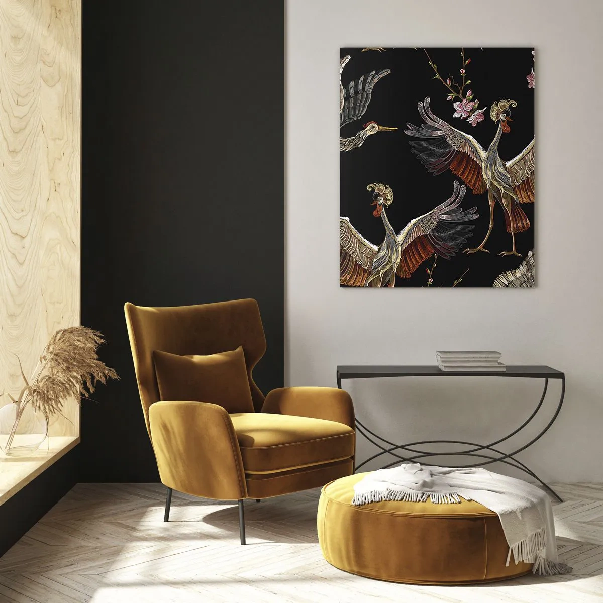 Obraz na szkle - Stylowe żurawie i kwiaty na czarnym tle - 70x100cm - Baśniowy ptak - Nowoczesna dekoracja ścienna do salonu i sypialni ARTTOR