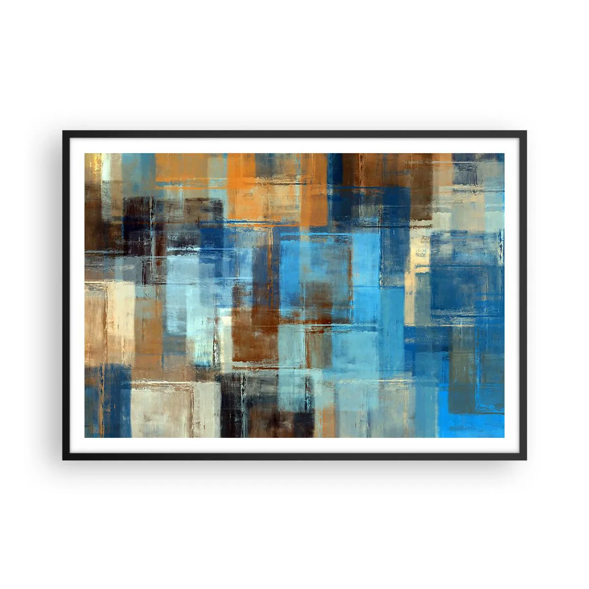 Plakat w czarnej ramie - Abstrakcyjna kompozycja geometryczna w odcieniach niebieskiego i brązu - 100x70cm - Przez błękitną zasłonę - Nowoczesna dekoracja ścienna do salonu i sypialni ARTTOR