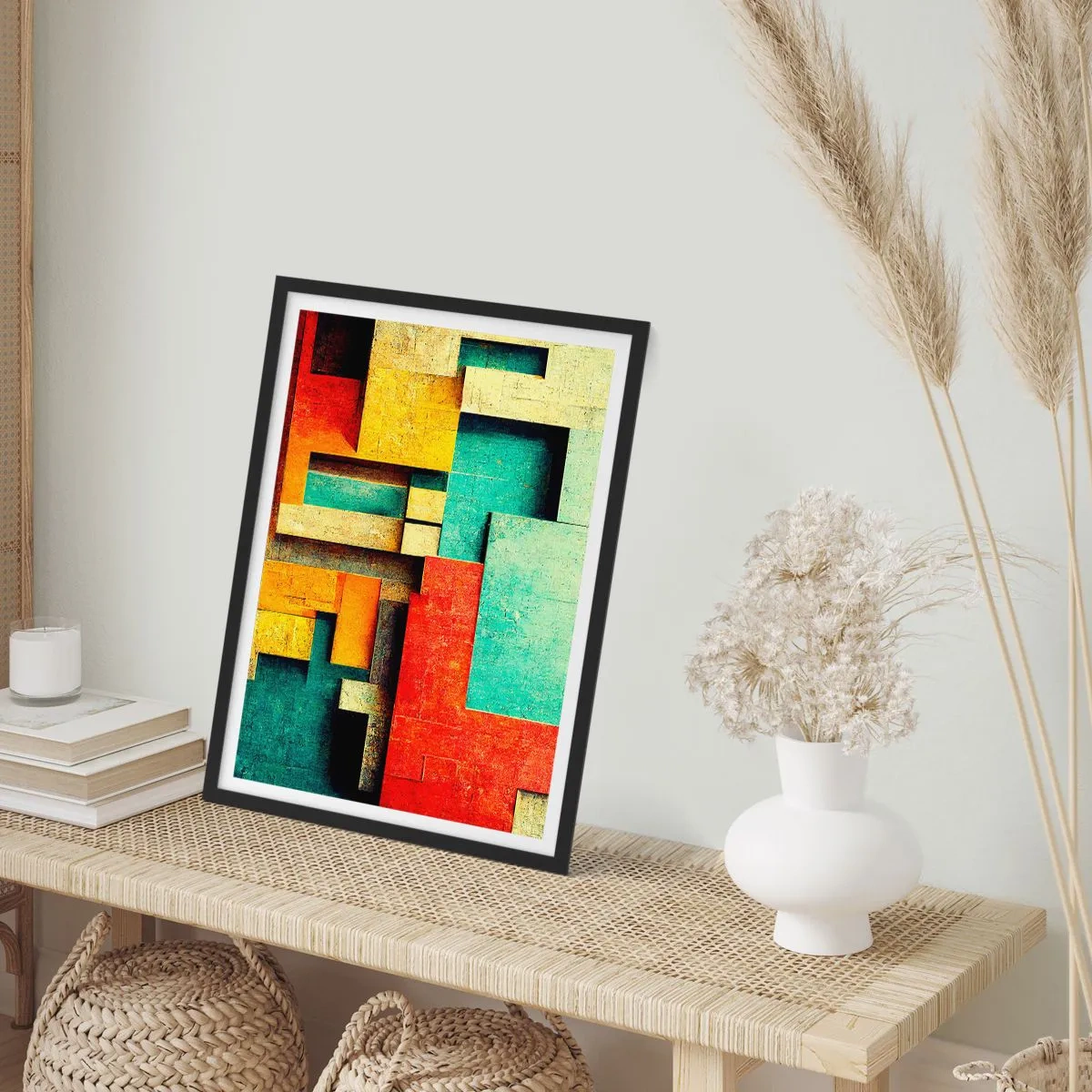 Plakat w czarnej ramie - Geometryczna abstrakcja w żywych kolorach - 50x70cm - Festiwal kątów prostych - Nowoczesna dekoracja ścienna do salonu i sypialni ARTTOR