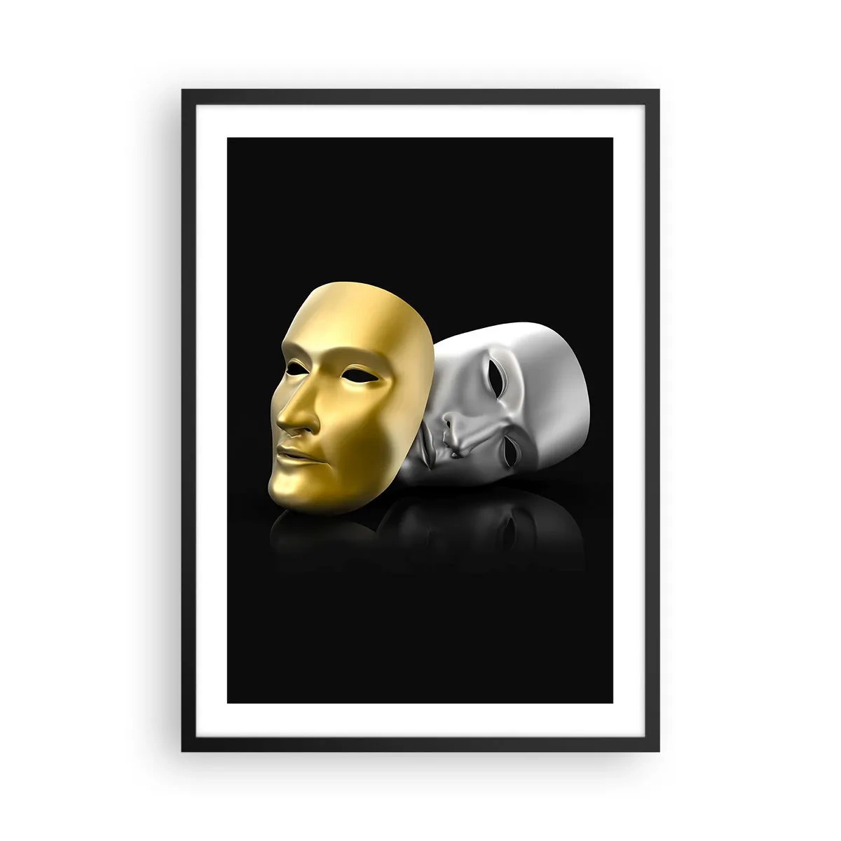 Plakat w czarnej ramie - Złota i srebrna maska na czarnym tle - 50x70cm - Życie to jest teatr - Nowoczesna dekoracja ścienna do salonu i sypialni ARTTOR