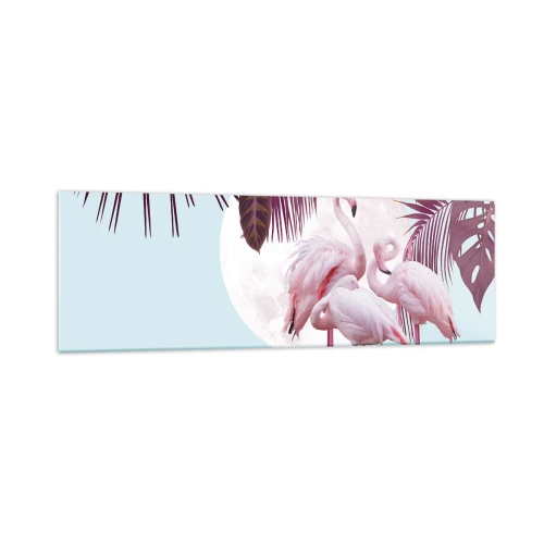 Obraz na szkle - Różowe flamingi na tle księżyca i tropikalnych liści - 160x50cm - Trzy ptasie gracje - Nowoczesna dekoracja ścienna do salonu i sypialni ARTTOR